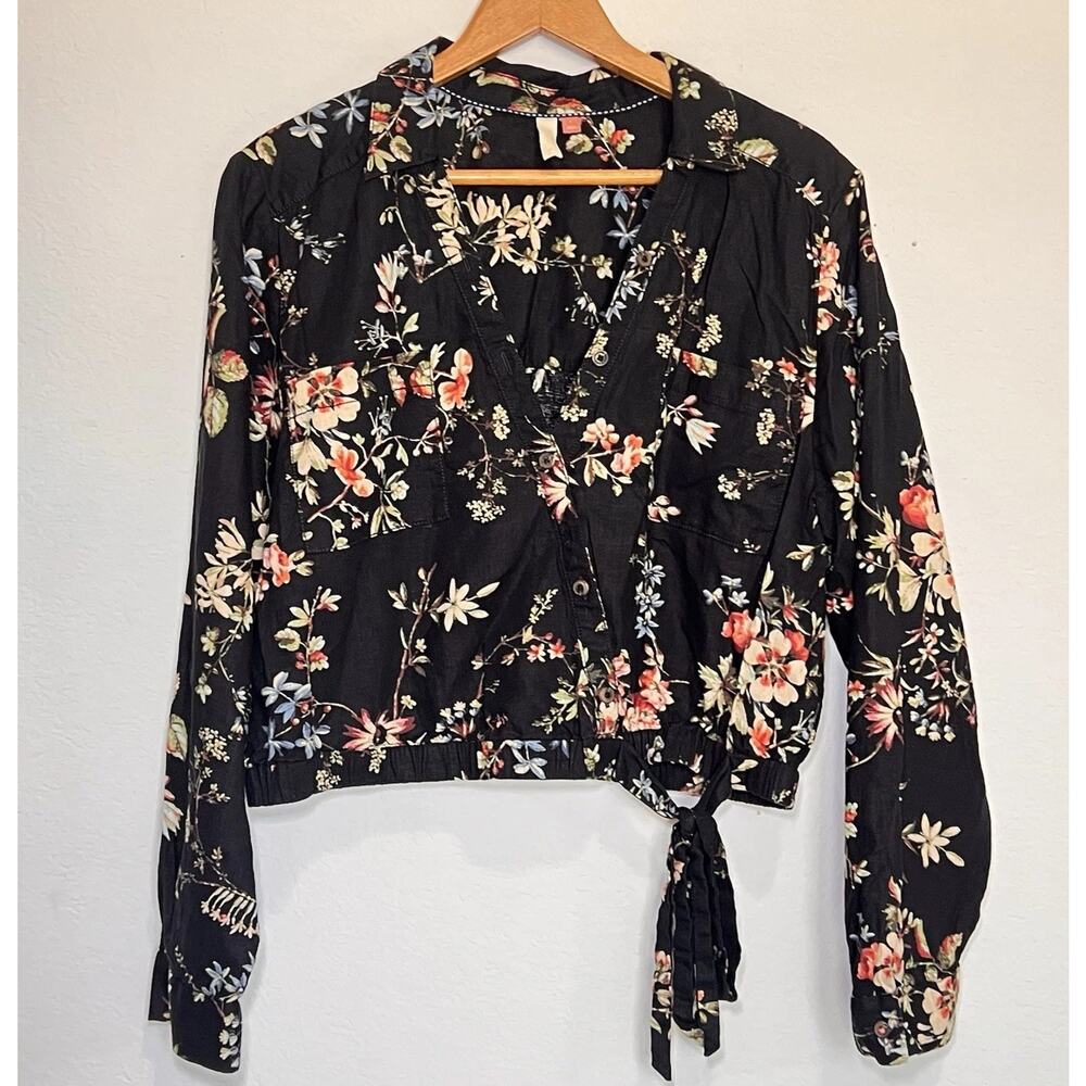 Anthropologie Pilcro Top Size L Black Floral Cropped Waist-tie Linen Blend Fall - Picture 2 of 14